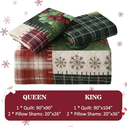 Red King Size Christmas Patchwork Quilt Bedding Set with Pillow Shams
