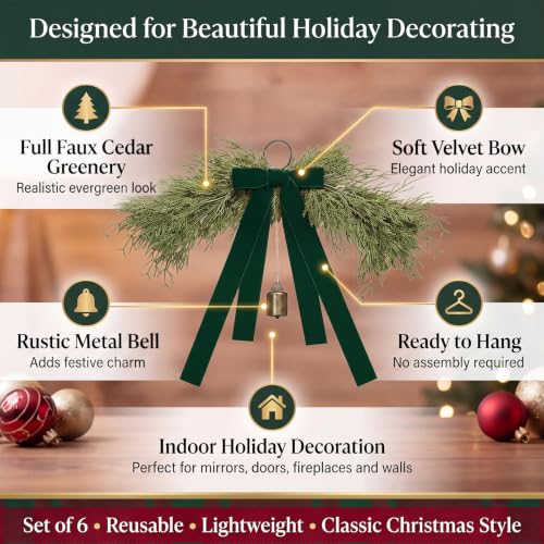 Mini Christmas Swags with Green Velvet Bow & Bell - 6 Pack, 13 Inches