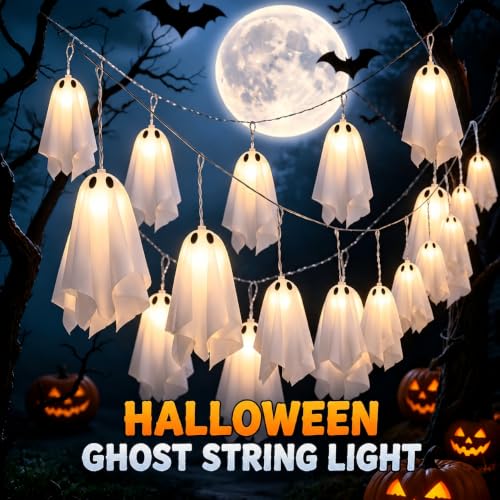 Outdoor Solar Ghost Halloween Decorations - White, 10 String Lights, Weather-Resistant
