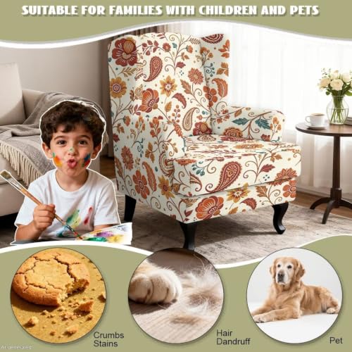 Boho Floral Wingback Chair Cover 2-Piece Slipcover with Arms - Stain-Resistant & Non-Slip, Washable Furniture Protector for Living Room & Bedroom - Variation: Boho Floral / Wingback Chair Covers