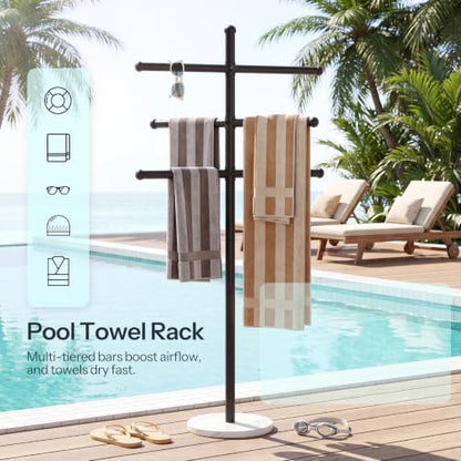 Outdoor Pool Towel Rack with Marble Base & Adjustable 3 Arms - 63 Inch