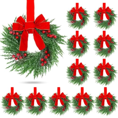 12 Pcs Mini Christmas Wreaths for Kitchen Cabinets with Red Velvet Bows - 12 Inch