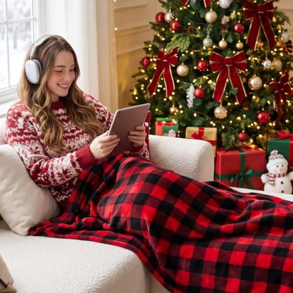 Christmas Fleece Throw Blanket for Couch & Bed - Red & Black Plaid 50x60
