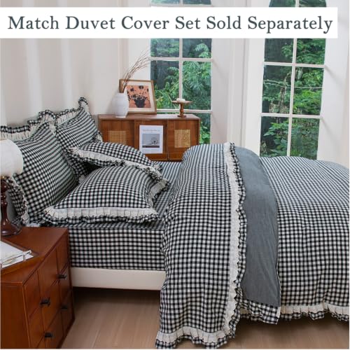 Queen Size Washed Cotton Sheet Set with Gingham Ruffle - Black & White