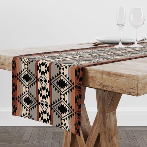 Aztec Southwest Table Runner, Ethnic Geometric Design, 13x60 Inch — Tribal Decor for Farmhouse & Holiday Dinner