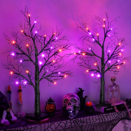 Halloween Lighted Black Tree Set A - 2 Pack 24 Inch Spooky Indoor Decorations with Orange & Purple Lights