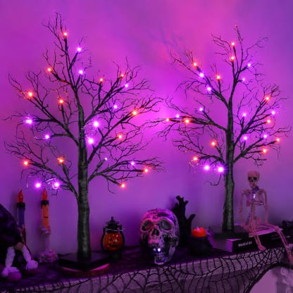 Halloween Lighted Black Tree Set A - 2 Pack 24 Inch Spooky Indoor Decorations with Orange & Purple Lights