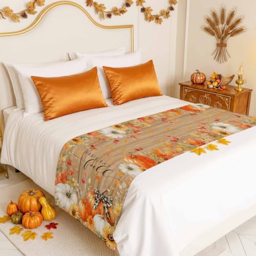 Queen Size Bed Runner with Fall Pumpkin Design - Orange & Brown, 83 x 20 Inches