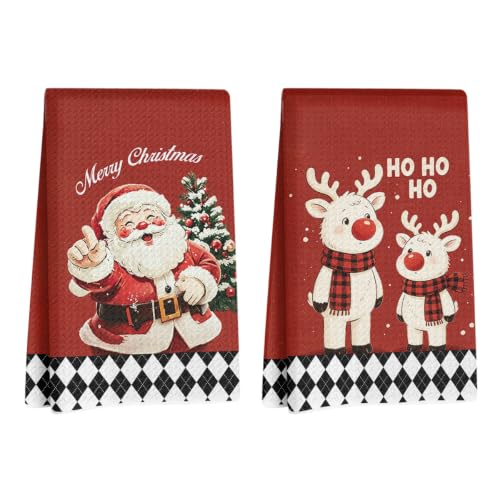 Xmas Reindeer Christmas Kitchen Towels Set - Vintage Winter Hand Towels 24x14, 2 Pack