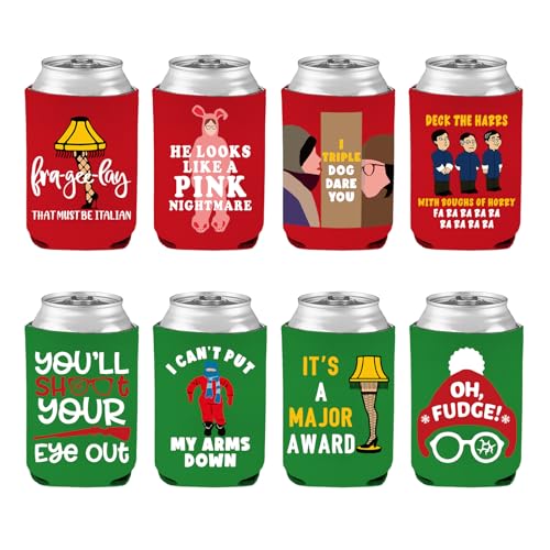 Christmas Beer Can Covers Set of 8 - Reusable Neoprene Christmas Movie Drink Sleeves for 12 oz Cans & Bottles