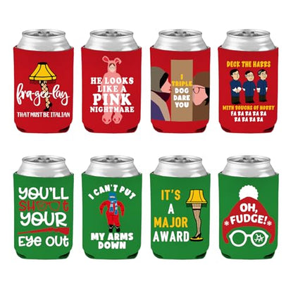 Christmas Beer Can Covers Set of 8 - Reusable Neoprene Christmas Movie Drink Sleeves for 12 oz Cans & Bottles