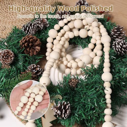 Natural Wood Bead Garland 18.4 Ft Rustic Boho Christmas Decor - 2 Pcs