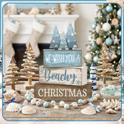 Coastal Christmas Table Decor - Blue Beachy Christmas Tree - 4 Pcs