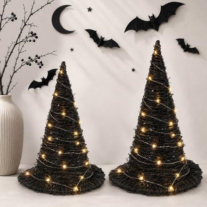 Halloween Rattan Witch Hat Decor with String Lights - 2 Pieces Table Centerpieces