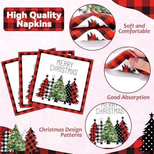 Christmas Buffalo Plaid Tree Paper Plates & Napkins Set - 25 11-Inch Red Black Checkered Party Supplies