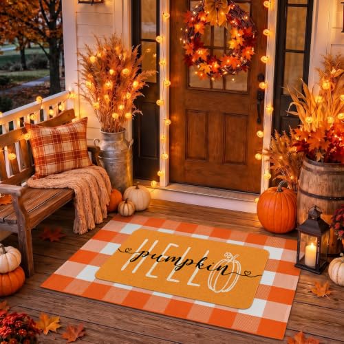 Hello Pumpkin Fall Front Door Mat - Orange Autumn Welcome Doormat 17x30 Inches