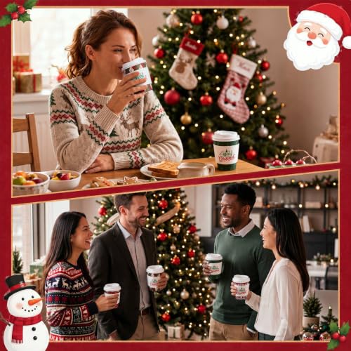 Christmas Paper Cups 9 oz Set with Sleeves and Lids - Red & Green Classic Design