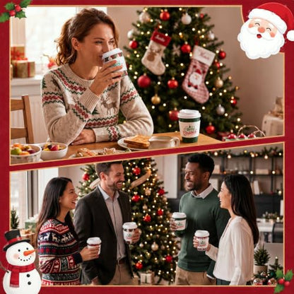 Christmas Paper Cups 9 oz Set with Sleeves and Lids - Red & Green Classic Design