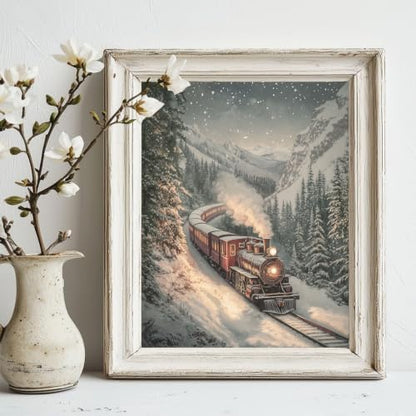 Vintage Christmas Train Wall Art Canvas Print Snowy Mountain Scene 14 x 11