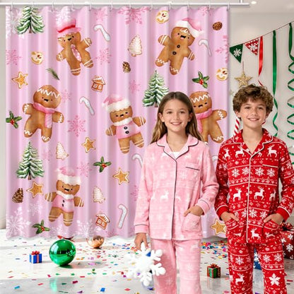 Pink Christmas Gingerbread Man Shower Curtain 72x72 Inches - Waterproof Bathroom Decor