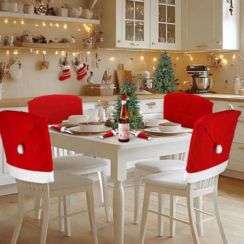 2PCS Christmas Santa Hat Chair Covers with Tableware Holders - Red Holiday Decor
