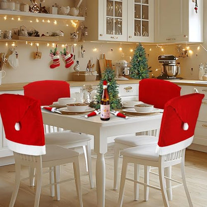 2PCS Christmas Santa Hat Chair Covers with Tableware Holders - Red Holiday Decor
