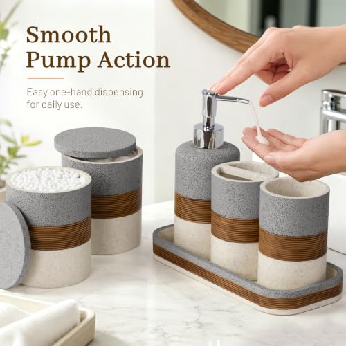 Gray 6-Piece Resin Bathroom Accessories Set - Stone-Inspired Organizers