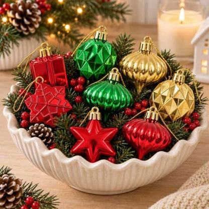 Emberlane Christmas Tree Ornaments Set - Red, Green, Gold Mixed Shapes, 1.57"