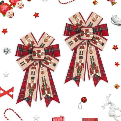 Nutcracker Plaid Christmas Wreath Bow - Red Buffalo Check Burlap Decor