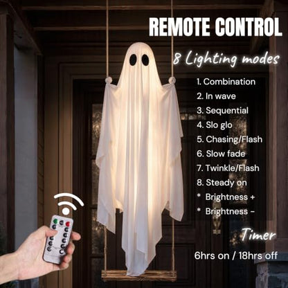 Outdoor Hanging Ghost Decoration with Lights - 5FT Spooky Swing Ghost for Yard Porch