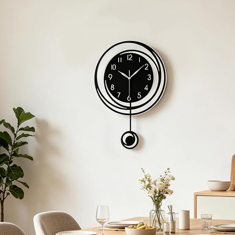 Wall Clock with Silent Quartz Movement - Modern Black & White Pendulum Design