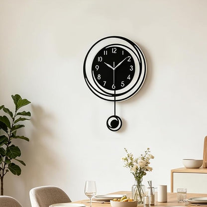 Wall Clock with Silent Quartz Movement - Modern Black & White Pendulum Design