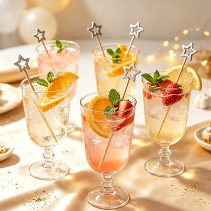 Silver Hollow Star Cocktail Picks 120Pcs for Fruit & Dessert Decoration