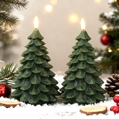 Christmas Tree Flameless Candles with Remote 2-Pack, Green Wax, Battery Operated