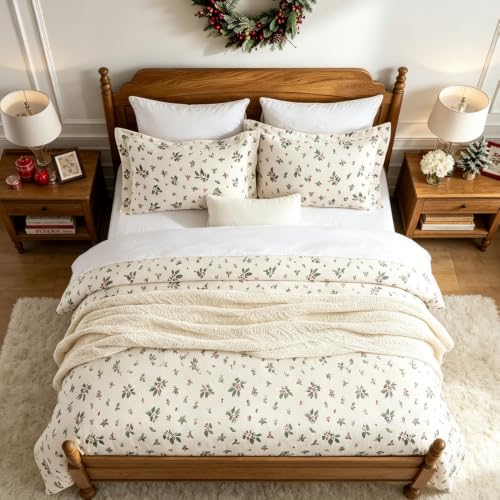 Christmas Duvet Cover Set Queen Size Holly Berries Pattern 90x90 Inch with 2 Shams