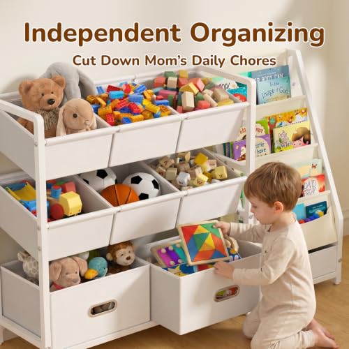 Kids Toy Storage Organizer with 9 Bins Montessori Toddler Bookshelf White