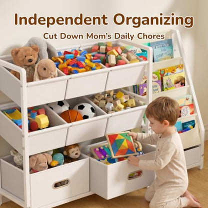 Kids Toy Storage Organizer with 9 Bins Montessori Toddler Bookshelf White
