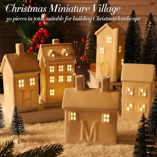 White Christmas Village Set with LED Houses & Trees - 30 Pieces, Rich Style