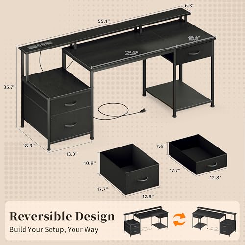 55 Inch Computer Desk with File Drawer and RGB LED Lights - Dark Black