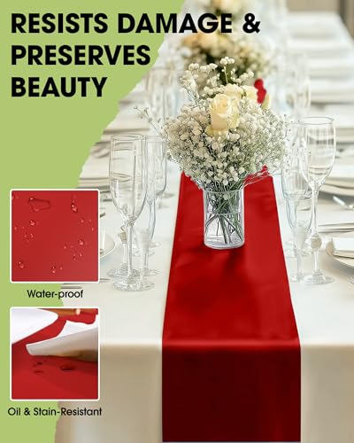 Pureegg Red Plastic Table Runners - 4 Pack, 14" x 108", Water Resistant & Disposable