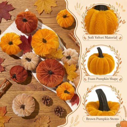 Brown Fall Artificial Velvet Pumpkins Decor Set - 12 Mini Foam Pumpkins for Autumn Home Display