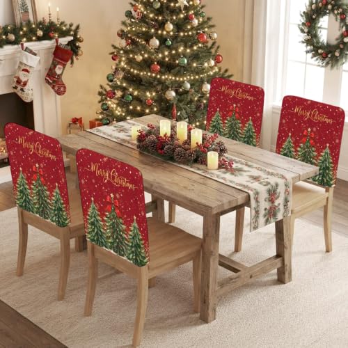 Red & Green Christmas Tree Chair Covers Set of 6 - Snowflake Balls Holiday Slipcovers