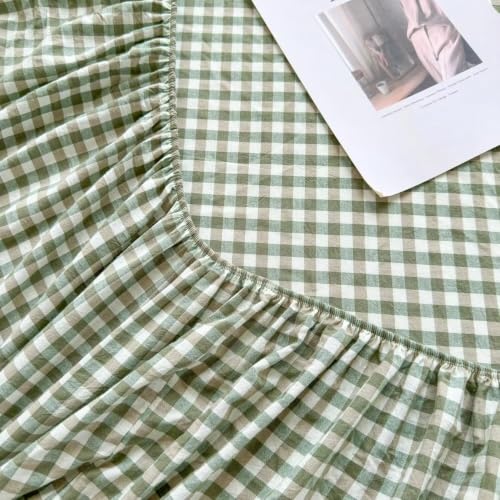 Green Gingham King Fitted Sheet Deep Pocket 16 Inch Washed Cotton Bedding