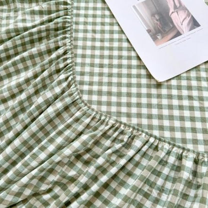 Green Gingham King Fitted Sheet Deep Pocket 16 Inch Washed Cotton Bedding