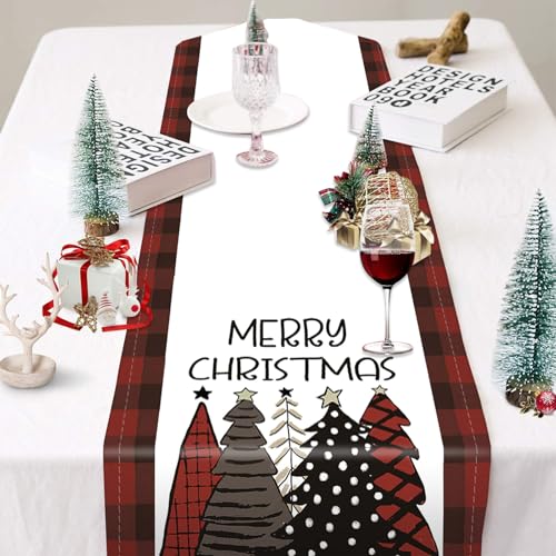 Christmas Table Runner 13 x 90 Inches with Red Christmas Tree Pattern - Burlap Linen Decor