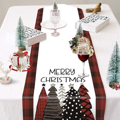 Christmas Table Runner 13 x 90 Inches with Red Christmas Tree Pattern - Burlap Linen Decor
