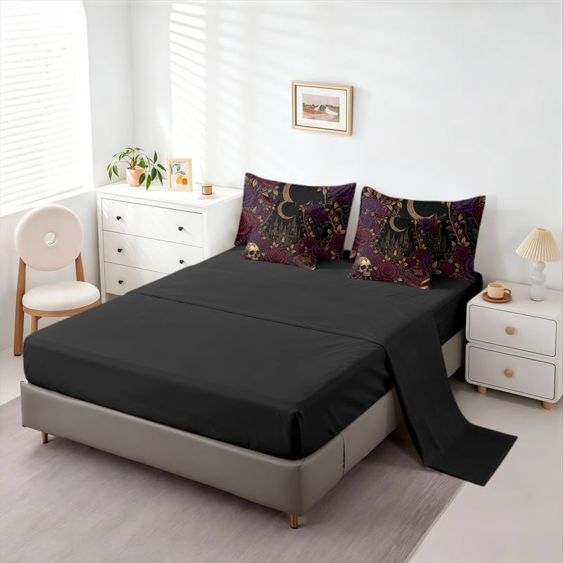 Gothic Comforter Set Queen 7 Piece Halloween Skull Bedding with Red Roses - Skull 03 Variation