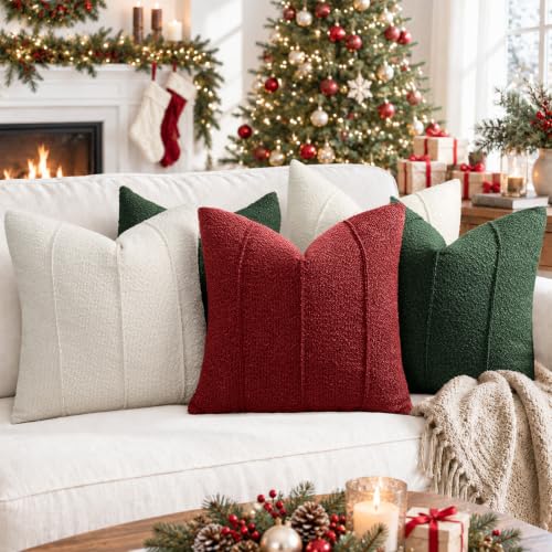 Christmas Red Boucle Pillow Covers Set of 2 - 24x24 Textured Holiday Decor