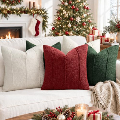 Christmas Red Boucle Pillow Covers Set of 2 - 24x24 Textured Holiday Decor