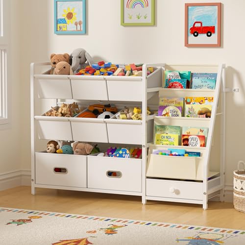 Kids Toy Storage Organizer with 9 Bins Montessori Toddler Bookshelf White